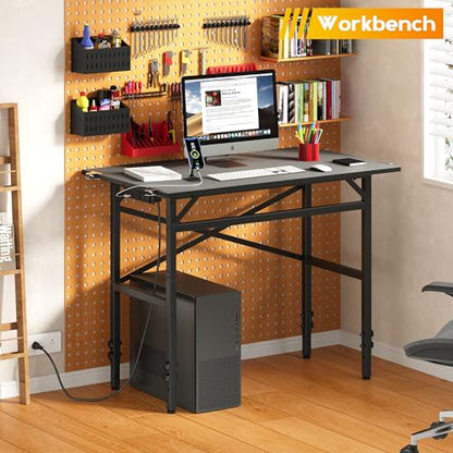 Small Workbench, 1000 Lbs Metal Work Benches for Garage, 38.58" Adjustable Work Table with Power Strip Sewing Table Workshop Home DIY