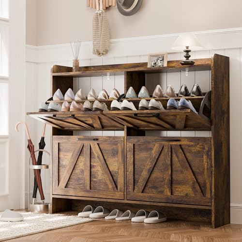 MU Shoe Storage Cabinet with 4 Flip Drawers, Freestanding Shoe Cabinet, Shoe Organizer with Wood Legs for Entryway, Slim Shoe Cabinet, Rustic - color: Rustic Brown, size: 4 Drawers