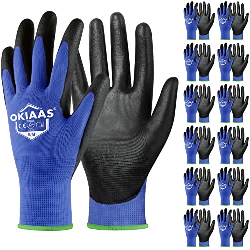 OKIAAS Men's Blue Medium Thin and Lightweight Working Gloves with Grip, 12 Pairs Bulk Pack Construction Gloves - color: Blue (12 Pairs), size: Medium