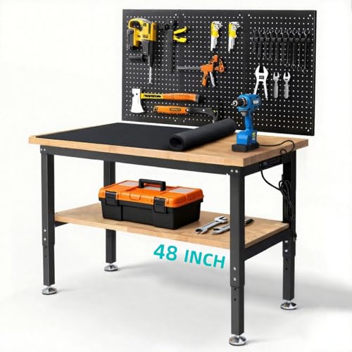 ENJOYWOOD 48" Adjustable Height Workbench with Storage Shelf, Pegboard & Power Outlets, Heavy Duty Rubberwood Work Table for Garage & Workshop - size: Small