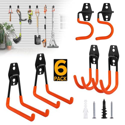 Garage Hooks 6 Pack Heavy Duty Steel Utility Hooks for Hanging, Wall Mount Garage Storage Hooks for Tools, Ladders, Hanging Bikes, Bulky Items, Orange - size: 6 Pack