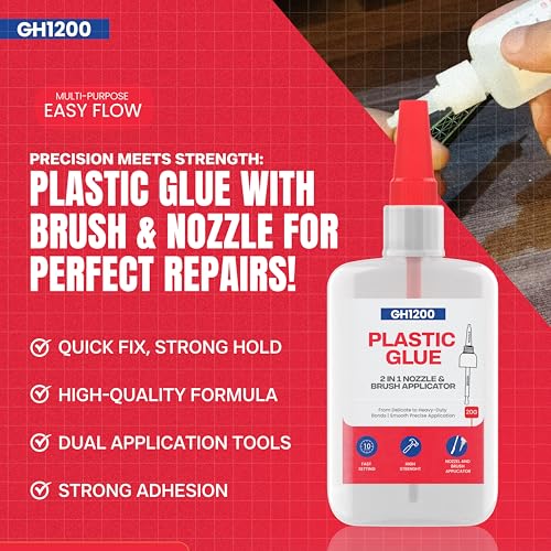 GH1200 (2-in-1) Super Glue for Plastic with Brush Applicator & Nozzle - Fast Setting Plastic Glue Heavy Duty for Solid Bonds, DIY & More, Crystal Clear & No Stain Glue - style: 20g Plastic Glue Brush & Nozzle