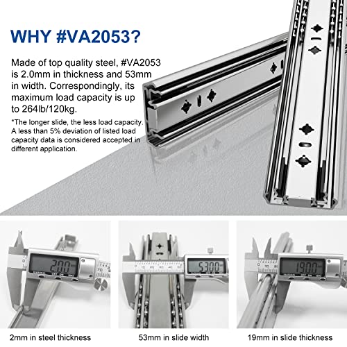 VADANIA 20" Heavy Duty Drawer Slide Without Lock #A53, 2" Width Up to 250lb Load Capacity, 3-Fold Full Extension, Ball Bearing, Side Mount, 1-Pair - color: #A53 - Without Lock, size: 20 Inch
