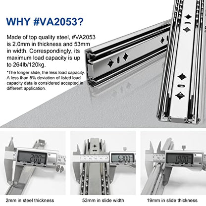 VADANIA 36" Heavy Duty Drawer Slide Without Lock #A53, 2" Width Up to 250lb Load Capacity, 3-Fold Full Extension, Ball Bearing, Side Mount, 1-Pair - color: #A53 - Without Lock, size: 36 Inch