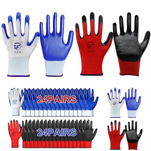 48 Pairs Work Gloves Bulk, Nitrile Coated Gardening Gloves with Grip, Breathable Safety Gloves for Men & Women, Mechanic, Warehouse, Yard Work (24 Blue, 24 Red)