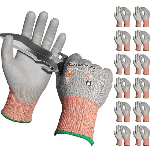 Schwer 12 Pairs ANSI A5 Cut Resistant Work Gloves, Cut Proof Gloves with PU Coating, Used for Metal Fabrication, WoodWorking, Construction, Non Slip, Durable, Non PFAS, L, CR3088 - color: Grey, size: Large