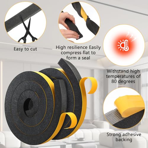 SHENLIU 2 Rolls Foam Weather Stripping with Adhesive, 1.5 Inch x 1.5 Inch High Density Seal Strip Adhesive Closed Cell Weather Strip Total 16 Feet Long for Uneven Gaps Doors Windows