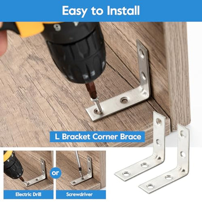 HOME MASTER HARDWARE 40pcs L Bracket Corner Brace Sets, Stainless Steel Corner Bracket, 2 inch Joint Right Angle Brackets with Screws for Shelves Wood Furniture Frame - size: 2 " Stainless Steel-40Pack
