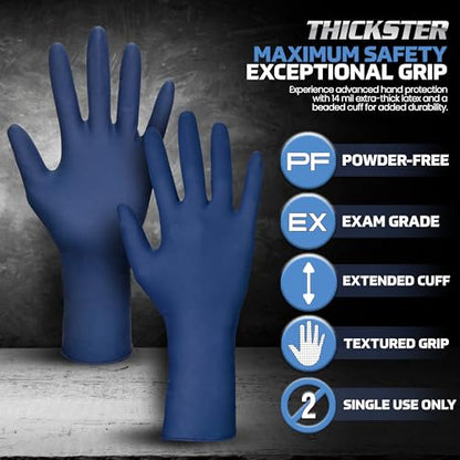 Thickster Powder-Free Exam Grade Latex Disposable Gloves. Size Large. Blue, 14 mil Thickness, 12" Length. Fully Textured for Superior Grip. Single Use. Pack of 50. (6603-20) - size: Large (Pack of 50)