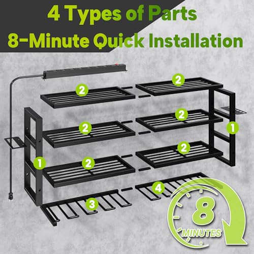 Large Power Tool Organizer Wall Mount with Charging Station, 8 Outlet Power Strip, 4 Layers 8 Drill Holder Heavy Duty Metal Tool Storage Loads 420lbs with Screwdriver Holder, Utility Racks for Garage