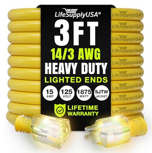 3ft Outdoor/Indoor Extension Cord 14/3 Gauge Heavy Duty 3 Prong SJTW, Waterproof, Flexible Cold-Resistant Long Power Cord,15A 125V 1875W, Yellow by LifeSupplyUSA - color: Yellow, size: 3 FT, style: 14AWG