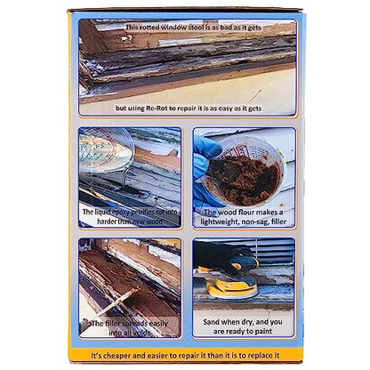 Re-Rot Epoxy Wood Repair Kit - Fix Dry Rot & Rotted Wood - Includes Wood Filler, Gloves, & Mixing Tools - Structural Wood Restoration - 48 oz