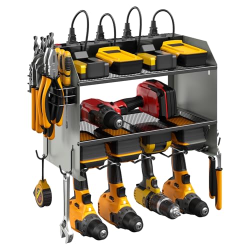 CCCEI Modular Power Tool Organizer Wall Mount with Charging Station. Garage Drill Storage Shelf with Hooks, Heavy Duty Rack, Tool Battery Holder Built in 8 Outlet. Gift for Men. Grey, 1 Pack. - color: G_Grey