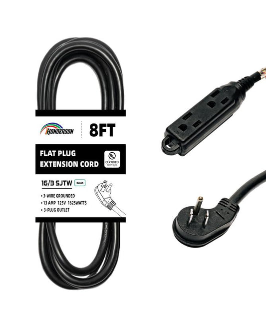3-Outlets Flat Plug Indoor Extension Cord Outlet Extender, UL Certified, 16 Gauge 8FT Black 3 Prong Heavy Duty, 16/3 SJTW 13A Power Strip - color: Black, size: 8FT, style: 16/3