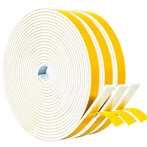 Yotache White Windows Doors Insulation Seal Tape 3 Rolls 1/2" x1/8", Adhesive Foam Gasket for Weather Stripping, Cabinet Door Frame, Total 50 Feet Long (3 X 16.5 Ft Each) - size: 1/2"x1/8"x 50FT