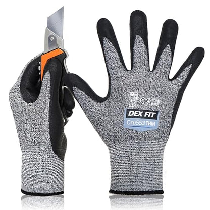 DEX FIT Level 5 Extreme Cut Resistant Gloves Cru553 Thin, Non-Slip Power Grip, Professional Grade 3D Comfort Fit, Thin & Lightweight, Breathable, Touchscreen Compatible, Itch-Free; Grey XL (10) - color: Grey, size: X-Large(1 Pair)