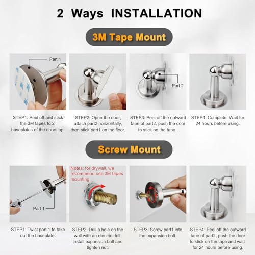 6 Pack Magnetic Door Stopper, COCIVIVRE Magnet Door Stop Stainless Steel for Wall and Floor Mounting, No Drilling Doorstop with Adhesive Tape Hold Your Door Open, Silver - style: No Drill-6 packs