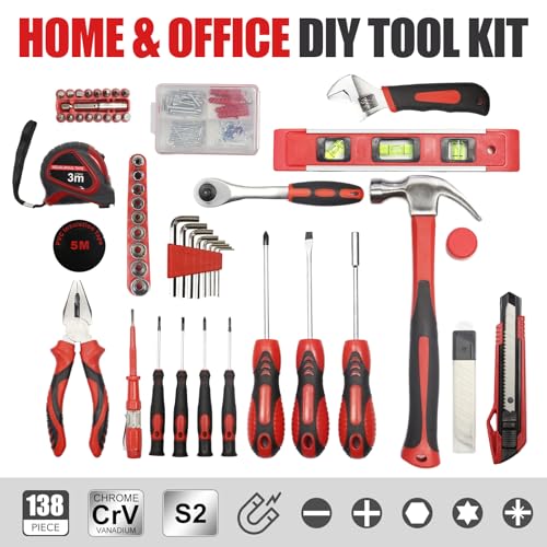 SPICIMOMO Red Home Tool Kit Set - 138 Pieces Red Tool Set, Home Tool Kit for Daily Repairing and Maintenance, Professional Tool Kit Set with Portable Storage Boxes - style: 138 Pieces Red