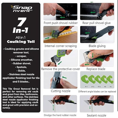Caulking Silicone Smother Remover Tool, 7-in-1 kit Scraper, Silicone Smoother, Rubber Shovel, 5 Pads, Sickle, 4 Blades. Stainless Steel Nozzle applicator, Tile Grout Removal Set I Green - color: Green