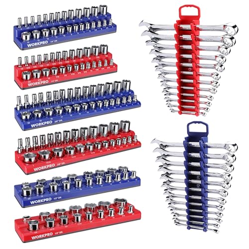 WORKPRO 8-Piece Magnetic Socket Organizer and Magnetic Wrench Organizer Set, Socket Holder Set 1/4", 3/8", 1/2" Drive Metric SAE Socket Storage, Metric SAE Wrench Holder(Socket, Wrench not Included)