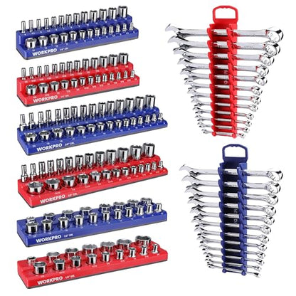 WORKPRO 8-Piece Magnetic Socket Organizer and Magnetic Wrench Organizer Set, Socket Holder Set 1/4", 3/8", 1/2" Drive Metric SAE Socket Storage, Metric SAE Wrench Holder(Socket, Wrench not Included)