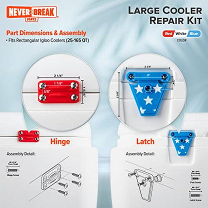 NeverBreak Parts - Igloo Cooler Replacement Parts - Large Repair Kit | High Strength Igloo Cooler Hinges Replacement with Latches | Ice Chest Repair Kit - color: Red, White and Blue