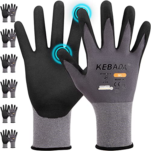 Kebada W2-6 Pairs Safety Work Gloves MicroFoam Nitrile Coated, Breathable & Full Touchscreen Seamless Knit Nylon Gloves for Precision Work, Automotive Tech & Logistics, Medium - color: Storm Grey (6 Pairs), size: Medium