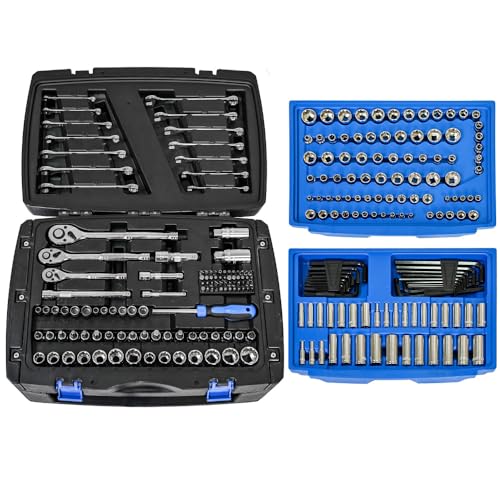 Mechanics Tool Set, 266-Piece General Tool Box with Drawer, Professional Hand Tool Kit for Home Repair & Automotive Maintenance, Durable Storage Case, Blue
