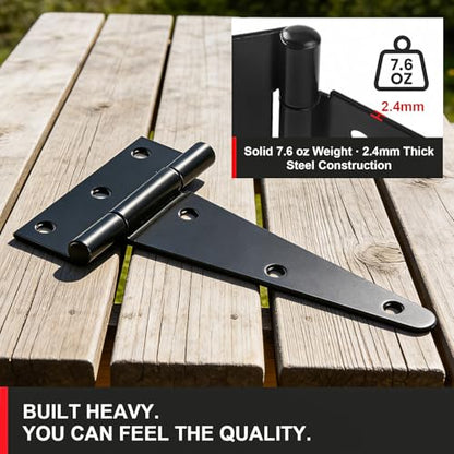 6 Inch Heavy Duty Door Hinges, 4 Pack Black T Strap Hinges, 2.4mm Thick Steel, 7.6 oz Each, Powder Coated, Screws Included, for Wood & Metal Doors, Shed Door Hinges & Gate Hinges, Outdoor - size: 6in-4pcs