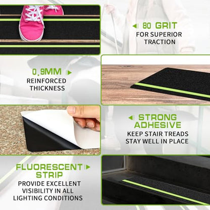 LadyRosian Outdoor Stair Treads Non Slip 15-Pack Black Glow 6" x 30" - Weather Resistant Adhesive Heavy Grip Tape - Waterproof Anti Skid Strips- Glow in The Dark 80-Grit Adhesive Treads - color: Dark, size: 6" x 30"