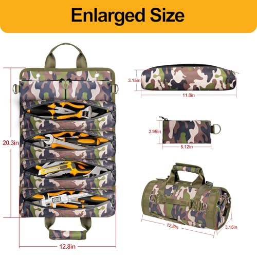 Tool Bag, Heavy Duty Tool Organizer, Portable Tool Pouch for Men, 6 Detachable Pouches, Foldable Carrying Tool Storage, Mechanic & Electrician Dad Birthday Gifts, Camo-Green - style: Detachable