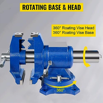 VEVOR Bench Vise 6 Inch, Double Swivel Rotating Heavy Duty Vise Head/Body Rotates 360°,Pipe Vise Bench Vices 30Kn Clamping Force,for Clamping Fixing Equipment Home or Industrial Use - size: 5 Inch