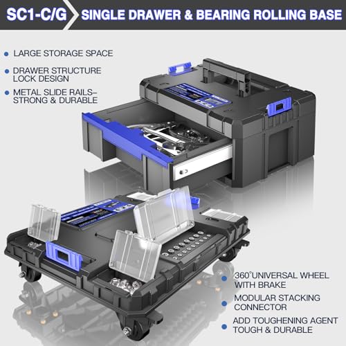 4 Tier Stackable Rolling Tool Box with Wheels | Modular Tool Organizer Box Storage System | Portable Tool Box with Drawers | Tough and Durable | For Garage Storage | Home Repairs | Professional Work - style: 4 Tier Stackable Tool Box-B