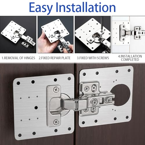 6 Pack Cabinet Hinge Repair Plate Kit, Stainless Steel Cabinet Door Hinge Repair Brackets with Mounting Screws, Metal Hinge Fixing Plates for Kitchen Cabinets, Cupboards and Furniture