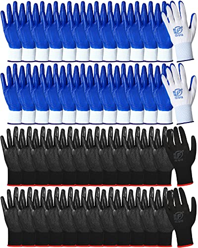 Nuogo 48 Pairs Gardening Gloves for Men Women Rubber Coated Safety Work Gloves Bulk for Gardening Construction Work - color: Blue, Black