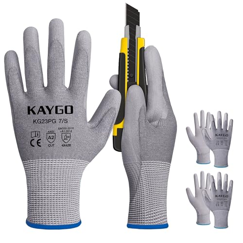 KAYGO Cut Resistant Gloves PU Coated 3 Pairs, ANSI Cut Level A2, Lightweight Safety Work Gloves, Ideal for Industrial and Construction (Medium,Grey) - color: Grey Ansi A2, size: Medium