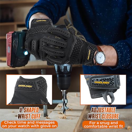 HANDLANDY Mens Work Gloves Touch screen, Utility Mechanic Gloves, Flexible Breathable Fit- Padded Knuckles & Palm - color: Light Black, size: XX-Large