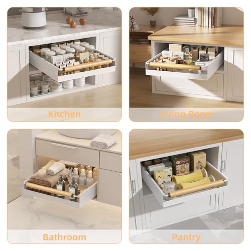 2 Pack No-Drill Pull Out Cabinet Organizer 15.3'' Deep Expandable Slide Out Drawers for Kitchen Pantry & Under Sink Storage, Adhesive Nano Film Mount, White - color: 2 Pack White