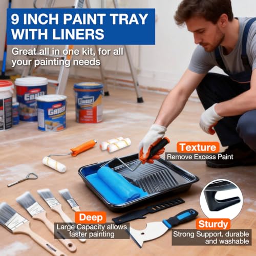 28 Pcs Paint Tray Set, Paint Brush for Wall, Paint Tray, 9" & 4" Paint Roller Covers with Roller Frame, Stainless Steel Pole, House Painting Supplies for Painting Walls, Ceilings, Trim - color: 28 Pack, 9" Paint Trays