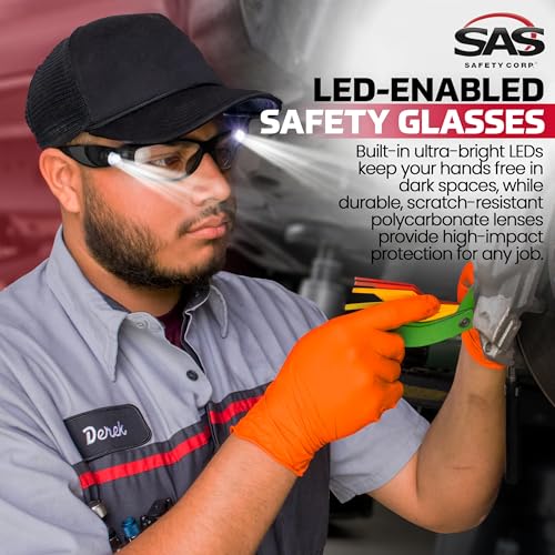 LED Inspector Safety Glasses | Protective Eyewear | Black Frame, Polycarbonate Clear Frames | Low to High Impact | Built-In LED Lights | 99.9% UV Protection | Woodworking, Construction, Mechanic