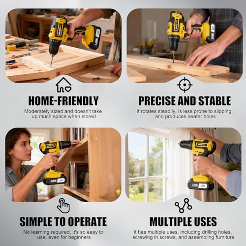 Cordless Drill Set 70PCS, Power Drill Cordless with Battery and Charger, 3/8" Keyless Chuck Electric Drill Tool Kit for Home Repair and DIY Projects, 2 Batteries