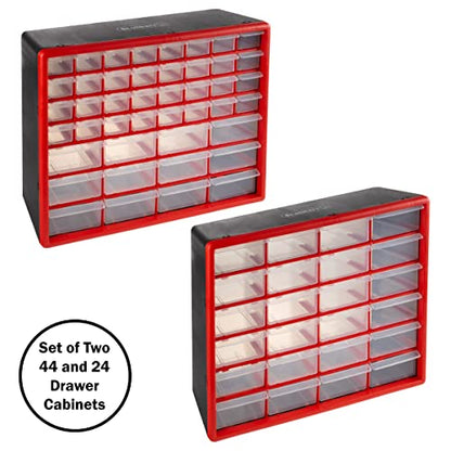 Set of Two Storage Bins with Drawers – Pair of 44 and 24 Drawer Desktop or Wall Mount Plastic Tool Organizers for Hardware or Crafts by Stalwart (Red) - style: 44 and 24 Drawers