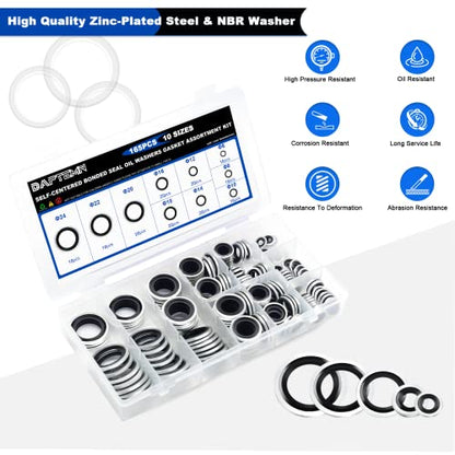 165PCS Bonded Sealing Washers, NBR Metric Zinc-Plated Steel Self-Centred Sealing Rubber Washers, Automotive Seal Gasket Crush O-Ring Assortment Kit Set M6 to M24 - color: 165PCS Black Seal Washers
