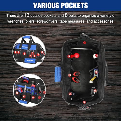 WORKPRO 16-inch Wide Mouth Tool Bag with Water Proof Molded Base - color: Black&Blue
