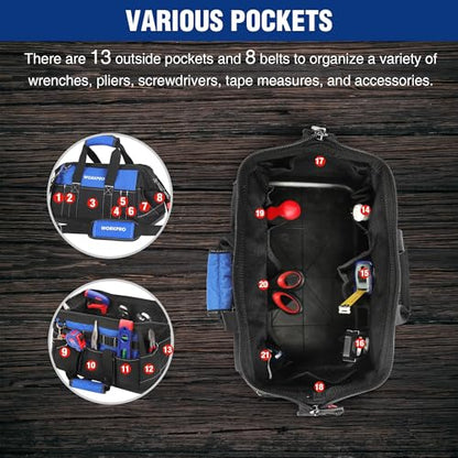 WORKPRO 16-inch Wide Mouth Tool Bag with Water Proof Molded Base - color: Black&Blue
