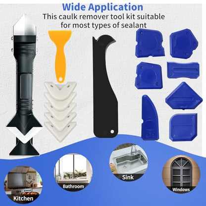 Caulking Tool Kit,Caulk Remover Tool,3 in 1Silicone Caulking Tool Kit, Grout Scraper, Reuse and Replace 5 Silicone Pads, Bathroom, Kitchen, Floor, Window, Sink Joint, Frames Seal Tools (23 PCS)