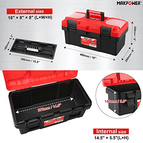 MAXPOWER Tool Box 16 inch, Plastic Small Tool Box with Latch and Removable Tray, Lockable Toolbox for Home - style: 16" red