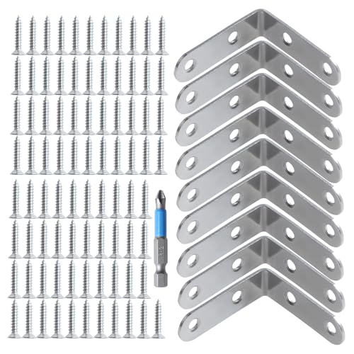 L Shaped Corner Brace - Shelf Brackets: Metal Stainless Steel Lightweight Angle Shelving Support 9 Pack 2 inch with Drywall Screws for Wood Fixing Build Project Fence Desk Bookshelf Cabinet