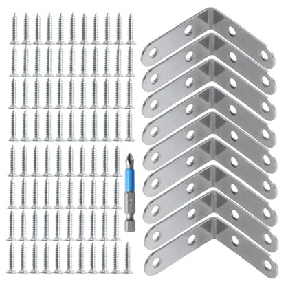 L Shaped Corner Brace - Shelf Brackets: Metal Stainless Steel Lightweight Angle Shelving Support 9 Pack 2 inch with Drywall Screws for Wood Fixing Build Project Fence Desk Bookshelf Cabinet