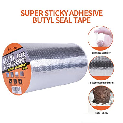TAPEBEAR Butyl Tape Waterproof Sealing Tape Aluminum Foil Tape, for RV Repair, Window, Silicone, Glass & EDPM Roof Leak Patching, Boat and Pipe Sealing, Silver, 8inch x16feet - size: 200mm x 5m